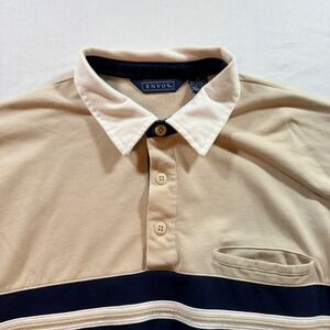 Envoy Polo Shirt Mens XL Tan White Blue Striped Colorblock Short Sleeve Vintage